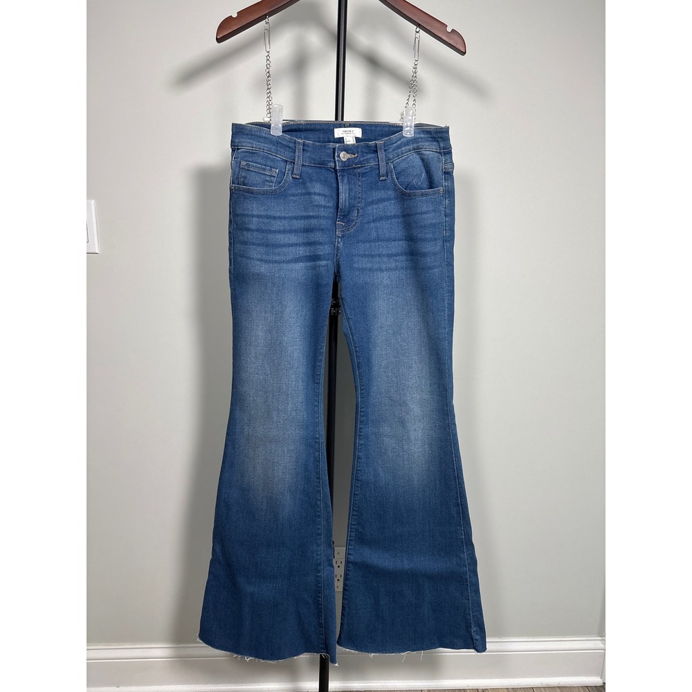 Forever 21 Premium Flare Jeans Womens 28 Blue Raw Hem Boho 70s Wide Leg Denim